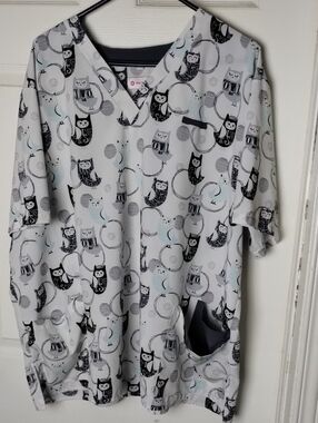 White Cross White Scrub Top with Black Owl Accents XXL
